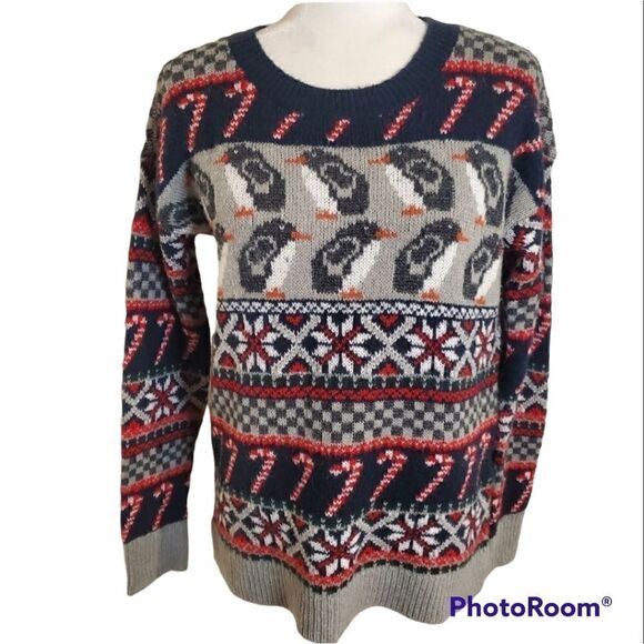 Abercrombie&Fitch Penguin Candy Cane Wool Blend Holiday Sweater Size Medium - Picture 2 of 13